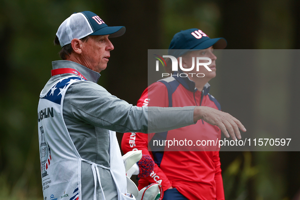 GAINESVILLE, VIRGINIA - SEPTEMBER 13: Lauren Coughlin of the United States looks down the fairway from the 9th tee during Day One of the Sol...