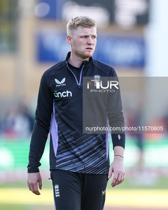 Dan Mousley of England warms up during the Second Vitality T20 International match between England and Australia at Sofia Gardens in Cardiff...