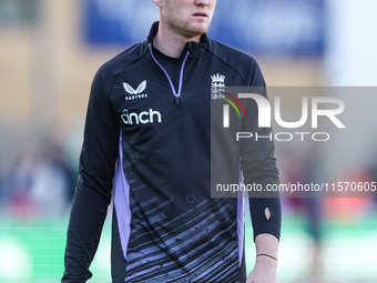 Dan Mousley of England warms up during the Second Vitality T20 International match between England and Australia at Sofia Gardens in Cardiff...