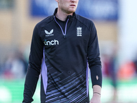 Dan Mousley of England warms up during the Second Vitality T20 International match between England and Australia at Sofia Gardens in Cardiff...