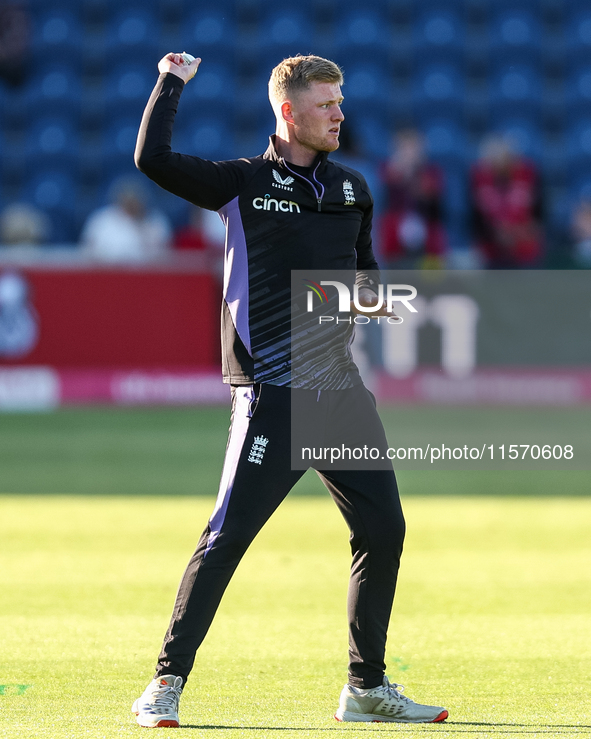 Dan Mousley of England warms up during the Second Vitality T20 International match between England and Australia at Sofia Gardens in Cardiff...