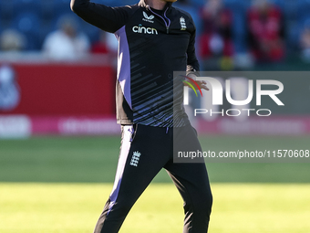 Dan Mousley of England warms up during the Second Vitality T20 International match between England and Australia at Sofia Gardens in Cardiff...