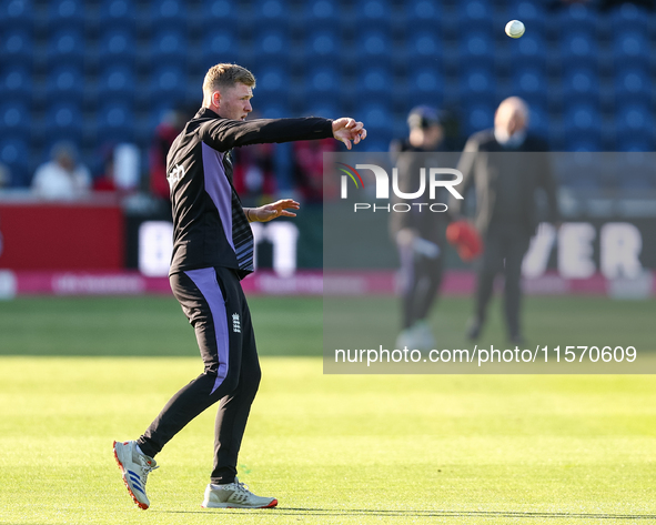 Dan Mousley of England warms up during the Second Vitality T20 International match between England and Australia at Sofia Gardens in Cardiff...