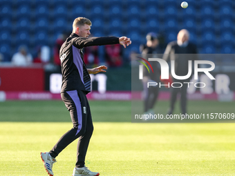 Dan Mousley of England warms up during the Second Vitality T20 International match between England and Australia at Sofia Gardens in Cardiff...