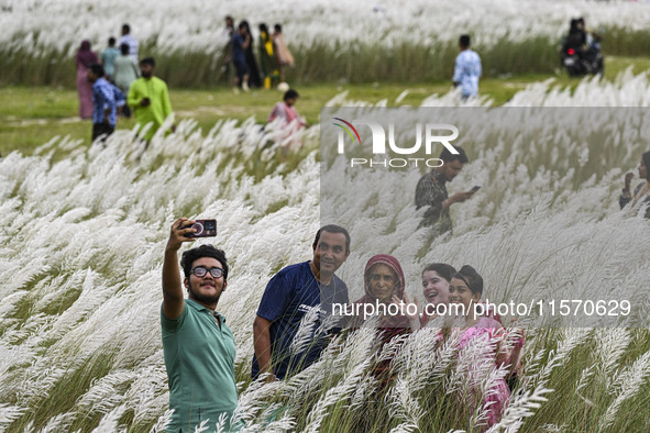 People visit the kans grass flower field in the afternoon in the Saraighat area in Dhaka, Bangladesh, on September 13, 2024. 