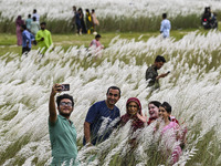 People visit the kans grass flower field in the afternoon in the Saraighat area in Dhaka, Bangladesh, on September 13, 2024. (