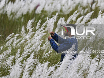 A boy holds a kans grass flower in a kans grass flower field in the afternoon in Dhaka, Bangladesh, on September 13, 2024. (