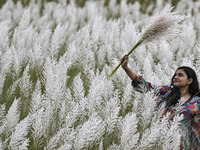 A girl holds a kans grass flower in a kans grass flower field in the afternoon in Dhaka, Bangladesh, on September 13, 2024. (