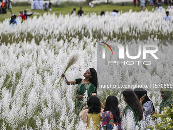 A girl holds a kans grass flower in a kans grass flower field in the afternoon in Dhaka, Bangladesh, on September 13, 2024. (