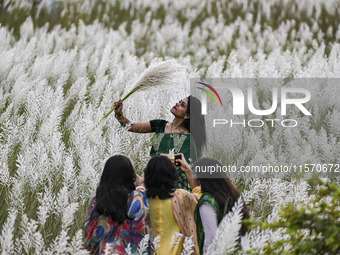 A girl holds a kans grass flower in a kans grass flower field in the afternoon in Dhaka, Bangladesh, on September 13, 2024. (