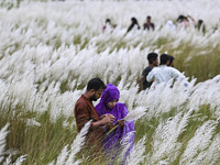 People visit the kans grass flower field in the afternoon in the Saraighat area in Dhaka, Bangladesh, on September 13, 2024. (