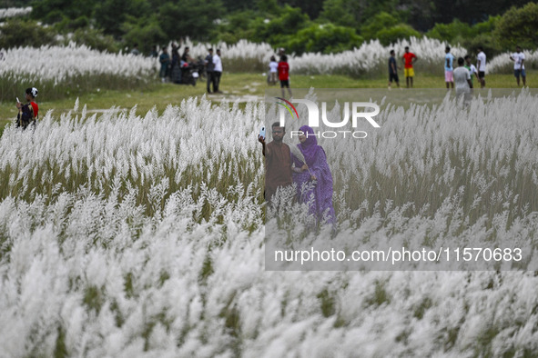 People visit the kans grass flower field in the afternoon in the Saraighat area in Dhaka, Bangladesh, on September 13, 2024. 