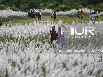 People visit the kans grass flower field in the afternoon in the Saraighat area in Dhaka, Bangladesh, on September 13, 2024. (