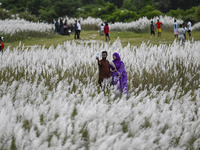 People visit the kans grass flower field in the afternoon in the Saraighat area in Dhaka, Bangladesh, on September 13, 2024. (