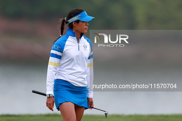 GAINESVILLE, VIRGINIA - SEPTEMBER 13: Celine Boutier of Team Europe walks on the 9th green during Day One of the Solheim Cup at Robert Trent...