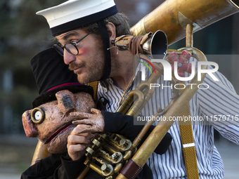 Street performance by the artists from Bologna, Italy, GRANDE CANTAGIRO BARATTOLI, in the center of Sofia, Bulgaria, on September 13, 2024,...