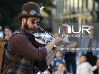 Street performance by the artists from Bologna, Italy, GRANDE CANTAGIRO BARATTOLI, in the center of Sofia, Bulgaria, on September 13, 2024,...