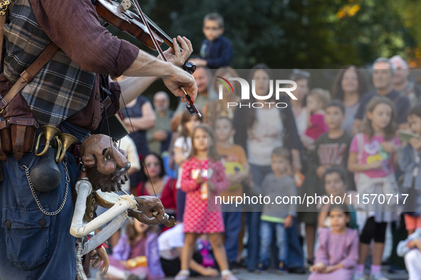 Street performance by the artists from Bologna, Italy, GRANDE CANTAGIRO BARATTOLI, in the center of Sofia, Bulgaria, on September 13, 2024,...