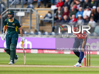 #25, Saqib Mahmoud of England bowls during the Second Vitality T20 International match between England and Australia at Sofia Gardens in Car...