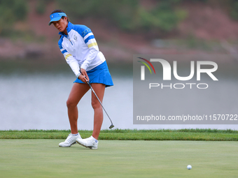 GAINESVILLE, VIRGINIA - SEPTEMBER 13: Celine Boutier of Team Europe reacts to her putt on the 9th green during Day One of the Solheim Cup at...