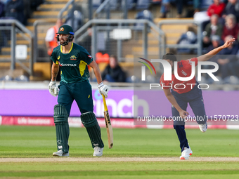 #25, Saqib Mahmoud of England bowls during the Second Vitality T20 International match between England and Australia at Sofia Gardens in Car...