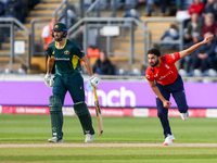 #25, Saqib Mahmoud of England bowls during the Second Vitality T20 International match between England and Australia at Sofia Gardens in Car...