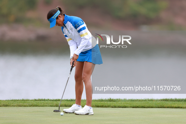 GAINESVILLE, VIRGINIA - SEPTEMBER 13: Celine Boutier of Team Europe putts on the 9th green during Day One of the Solheim Cup at Robert Trent...