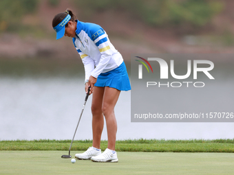 GAINESVILLE, VIRGINIA - SEPTEMBER 13: Celine Boutier of Team Europe putts on the 9th green during Day One of the Solheim Cup at Robert Trent...