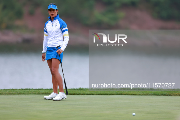 GAINESVILLE, VIRGINIA - SEPTEMBER 13: Celine Boutier of Team Europe follows her putt on the 9th green during Day One of the Solheim Cup at R...