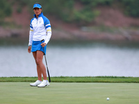 GAINESVILLE, VIRGINIA - SEPTEMBER 13: Celine Boutier of Team Europe follows her putt on the 9th green during Day One of the Solheim Cup at R...