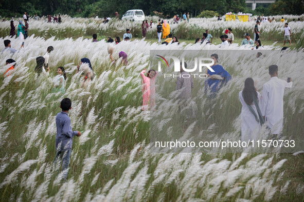 People Visit A Kans Grass Flower Field On The Afternoon Of The Weekend, At The Sarighat Area In Dhaka, Bangladesh, On Friday, September 13,...