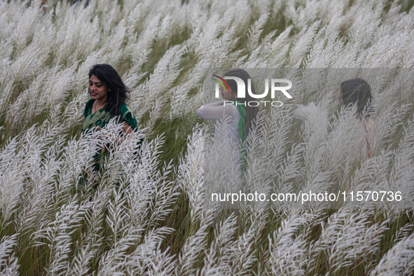 People Visit A Kans Grass Flower Field On The Afternoon Of The Weekend, At The Sarighat Area In Dhaka, Bangladesh, On Friday, September 13,...