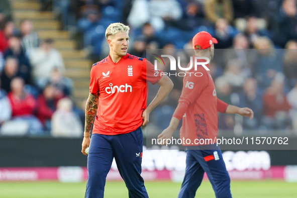 #92, Brydon Carse of England prepares to bowl during the Second Vitality T20 International match between England and Australia at Sofia Gard...