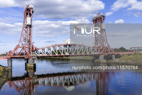 An aerial view of the Tees Newport Bridge, a vertical-lift bridge spanning the River Tees and linking Middlesbrough with the borough of Stoc...