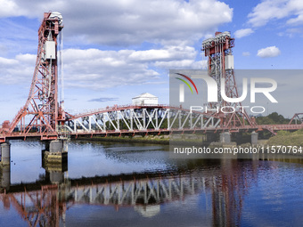 An aerial view of the Tees Newport Bridge, a vertical-lift bridge spanning the River Tees and linking Middlesbrough with the borough of Stoc...