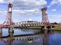 An aerial view of the Tees Newport Bridge, a vertical-lift bridge spanning the River Tees and linking Middlesbrough with the borough of Stoc...