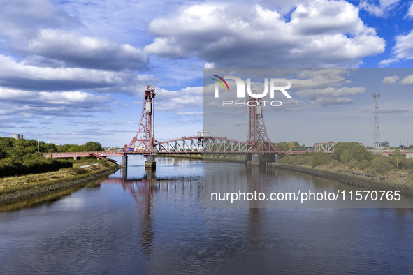 An aerial view of the Tees Newport Bridge, a vertical-lift bridge spanning the River Tees and linking Middlesbrough with the borough of Stoc...