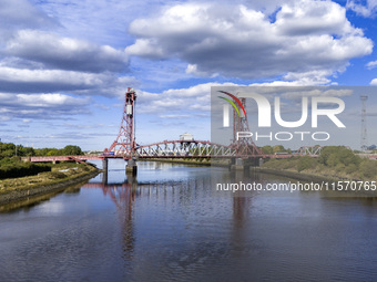 An aerial view of the Tees Newport Bridge, a vertical-lift bridge spanning the River Tees and linking Middlesbrough with the borough of Stoc...