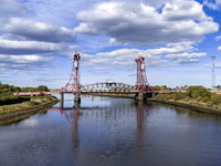 An aerial view of the Tees Newport Bridge, a vertical-lift bridge spanning the River Tees and linking Middlesbrough with the borough of Stoc...