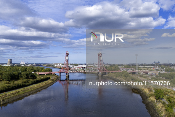 An aerial view of the Tees Newport Bridge, a vertical-lift bridge spanning the River Tees and linking Middlesbrough with the borough of Stoc...