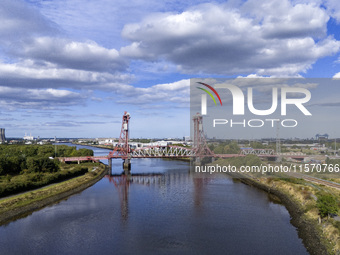 An aerial view of the Tees Newport Bridge, a vertical-lift bridge spanning the River Tees and linking Middlesbrough with the borough of Stoc...