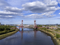 An aerial view of the Tees Newport Bridge, a vertical-lift bridge spanning the River Tees and linking Middlesbrough with the borough of Stoc...