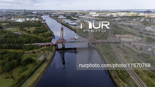 An aerial view of the Tees Newport Bridge, a vertical-lift bridge spanning the River Tees and linking Middlesbrough with the borough of Stoc...