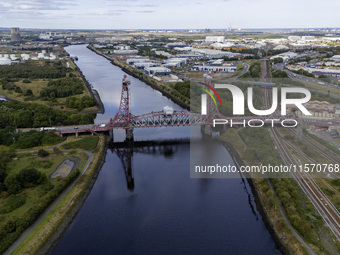 An aerial view of the Tees Newport Bridge, a vertical-lift bridge spanning the River Tees and linking Middlesbrough with the borough of Stoc...