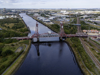 An aerial view of the Tees Newport Bridge, a vertical-lift bridge spanning the River Tees and linking Middlesbrough with the borough of Stoc...