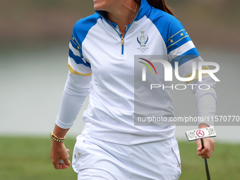 GAINESVILLE, VIRGINIA - SEPTEMBER 13: Albane Valenzuela of Team Europe walks off of the 9th green during Day One of the Solheim Cup at Rober...