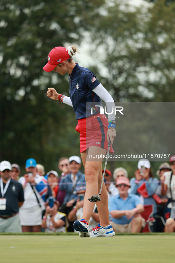 GAINESVILLE, VIRGINIA - SEPTEMBER 13: Nelly Korda of the United States reacts to her putt on the third green during Fourball Matches on Day...