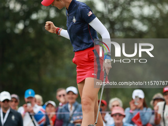 GAINESVILLE, VIRGINIA - SEPTEMBER 13: Nelly Korda of the United States reacts to her putt on the third green during Fourball Matches on Day...