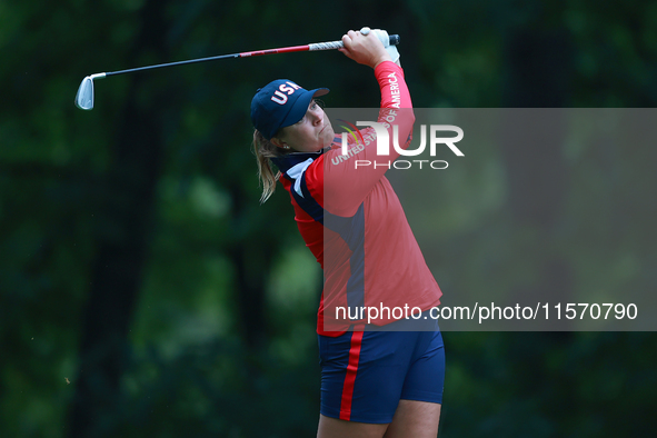 GAINESVILLE, VIRGINIA - SEPTEMBER 13: Lauren Coughlin of the United States hits from the 9th tee during Day One of the Solheim Cup at Robert...