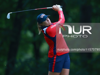 GAINESVILLE, VIRGINIA - SEPTEMBER 13: Lauren Coughlin of the United States hits from the 9th tee during Day One of the Solheim Cup at Robert...